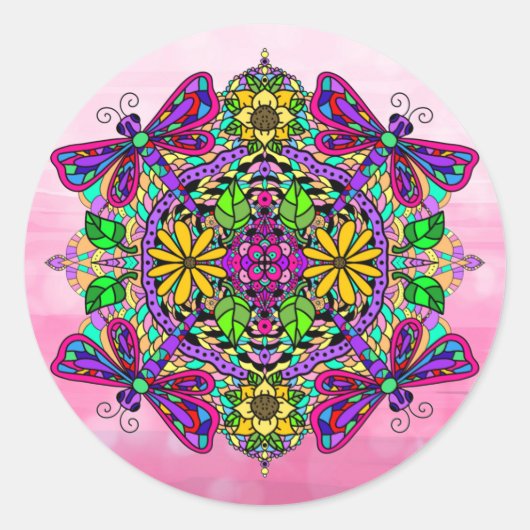 Sticker Rond Pink Dragonfly et Fleurs Mandala Hand Drake Art (Devant)
