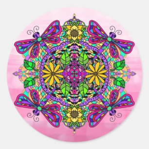 Sticker Rond Pink Dragonfly et Fleurs Mandala Hand Drake Art