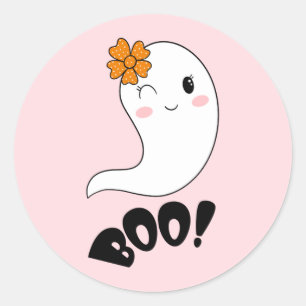 Sticker Rond Pink Éffrayant Cute Ghost Boo Halloween Anniversai