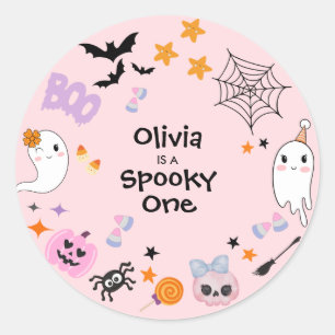 Sticker Rond Pink Éffrayant One Cute Ghost Halloween 1er Annive