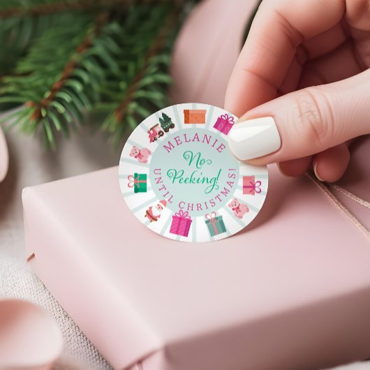 Sticker Rond Pink Elf Toy Factory No Peeking Until Christmas