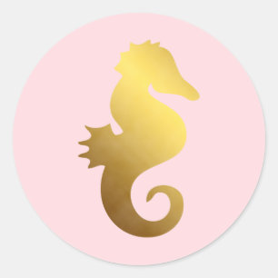 Sticker Rond Pink et Faux Gold Foil Seahorse