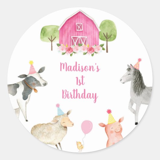 Sticker Rond Pink Farm Barnyard anniversaire (Devant)
