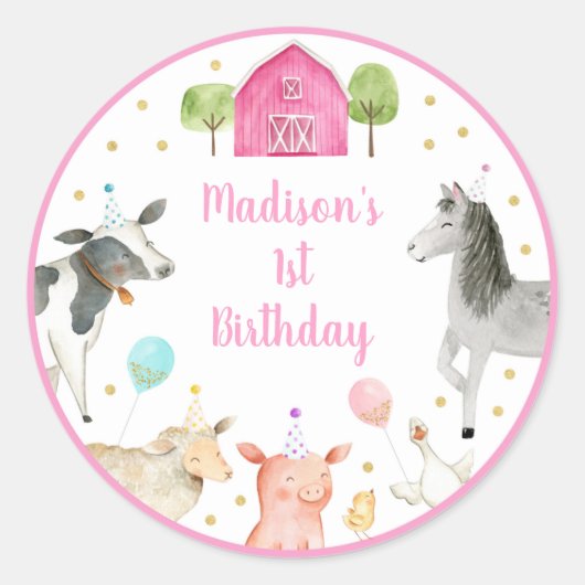 Sticker Rond Pink Farm Barnyard anniversaire (Devant)