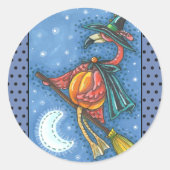 STICKER ROND PINK FLAMANT ROSE WITCH, VOL AU-DESSUS DE LA LUNE (Devant)