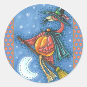STICKER ROND PINK FLAMANT ROSE WITCH, VOL AU-DESSUS DE LA LUNE