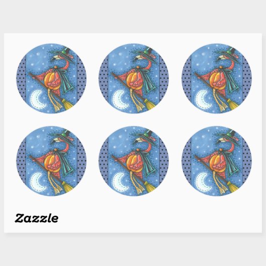 STICKER ROND PINK FLAMANT ROSE WITCH, VOL AU-DESSUS DE LA LUNE (Feuille)