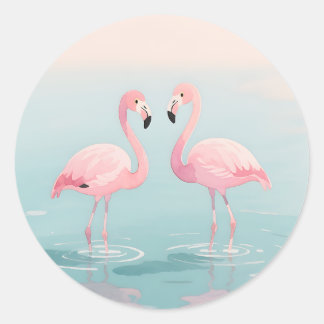 Sticker Rond Pink Flamingo Pair Watercolor Serenity