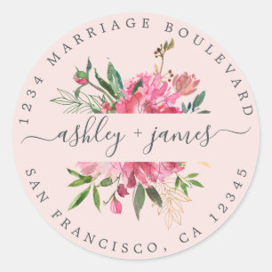 Sticker Rond Pink Floral Adresse de retour Enveloppe rose Sceau
