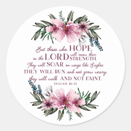 Sticker Rond Pink Floral Bible chrétienne Verse Isaïe 40 (Devant)