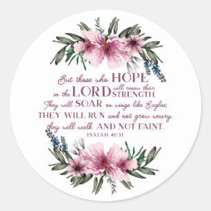 Sticker Rond Pink Floral Bible chrétienne Verse Isaïe 40