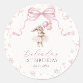 Sticker Rond Pink Floral Coquette Bow Bunny 1st Birthday (Devant)
