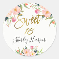 Pink Floral Gold Script Sweet sixteen 16 Anniversa