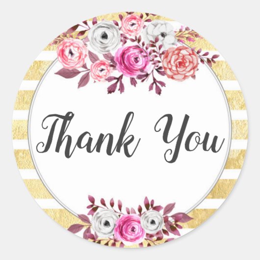 Sticker Rond Pink Floral or glam Aquarelle Merci rayé (Devant)