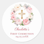 Sticker Rond Pink floral wreath First Communion (Devant)