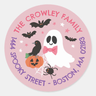 Sticker Rond Pink Ghost Raven Halloween Famille Adresse de reto