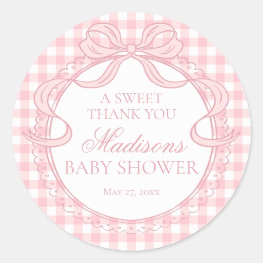 Sticker Rond Pink Gingham Coquette Bow Baby Shower Favor (Devant)