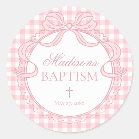 Sticker Rond Pink Gingham Coquette Bow Baptism Envelope Seal (Devant)