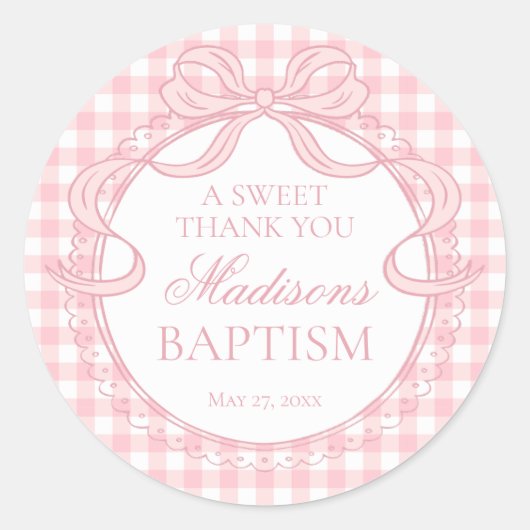 Sticker Rond Pink Gingham Coquette Bow Baptism Favor (Devant)