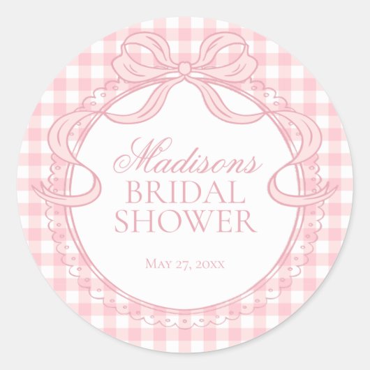 Sticker Rond Pink Gingham Coquette Bow Bridal Shower Seal (Devant)