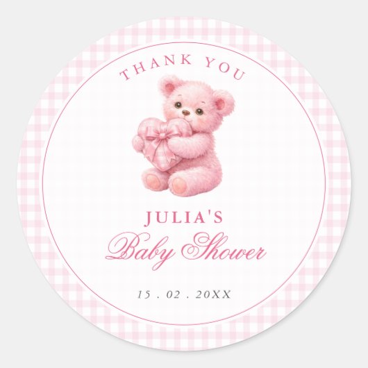 Sticker Rond Pink Gingham Teddy Bear Neutral Baby Shower (Devant)