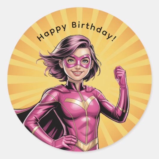 Sticker Rond Pink Girl Superhero Birthday Party (Devant)