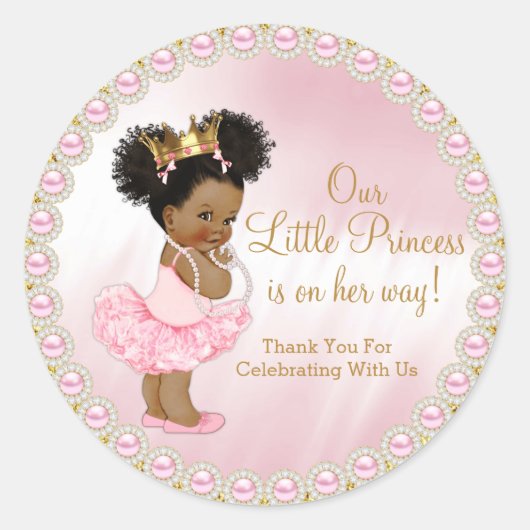 Sticker Rond Pink Gold Afro Princess Baby shower Favoriser (Devant)