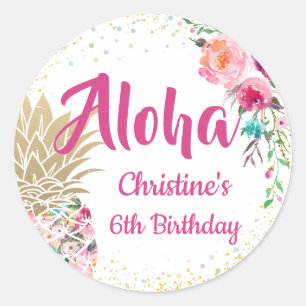 Sticker Rond Pink Gold Ananas Tropical Floral Party Favoriser