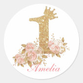 Sticker Rond Pink Gold Couronne Princesse Premier anniversaire (Devant)