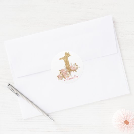 Sticker Rond Pink Gold Couronne Princesse Premier anniversaire (Enveloppe)