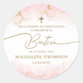 Sticker Rond Pink Gold Cross Girl Baptism Bautizo (Devant)