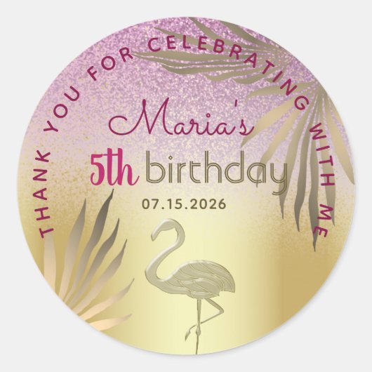 Sticker Rond Pink Gold Flamingo 5th Birthday (Devant)