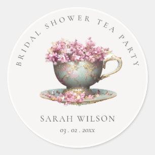 Sticker Rond Pink Gold Floral Teacup Fête des mariées Tea Party