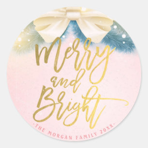 Sticker Rond Pink Gold Ribbon Merry and Bright Script Grey