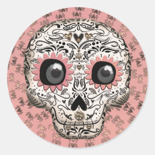 Sticker Rond Pink & Gold Sugar Skull Whimsical Cute Party