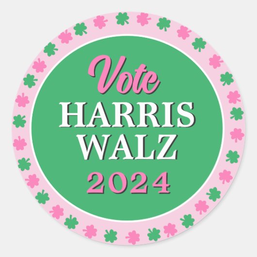 Sticker Rond Pink Green Clover 2024 Vote Harris Walz (Devant)
