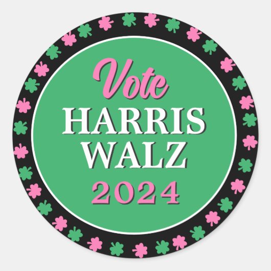 Sticker Rond Pink Green Clover 2024 Vote Harris Walz (Devant)