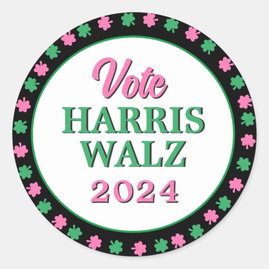Sticker Rond Pink Green Clover 2024 Vote Harris Walz (Devant)