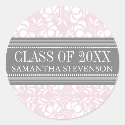 Sticker Rond Pink Grey Damask Graduation personnalisée Nom de l (Devant)