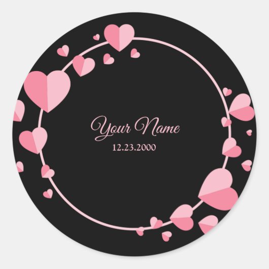 Sticker Rond Pink Heart Black Geometric Wedding Party Elegant C (Devant)