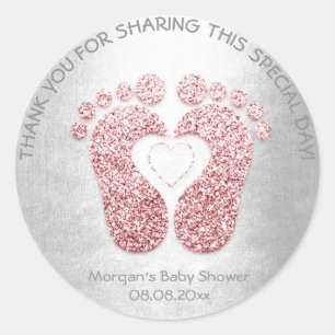 Sticker Rond Pink Heart Pieds Baby shower Parties scintillant M