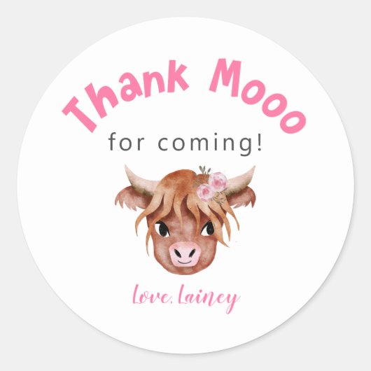 Sticker Rond Pink Highland Cow Anniversaire Fête Favoriser (Devant)