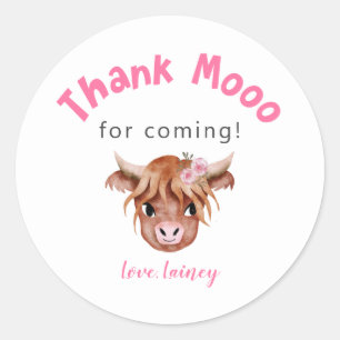 Sticker Rond Pink Highland Cow Anniversaire Fête Favoriser
