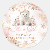 Sticker Rond Pink hiver White Bear C'est un Baby shower fille (Devant)