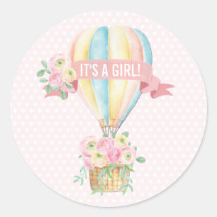 Sticker Rond Pink Hot Air Balloon Girl Baby shower aventure