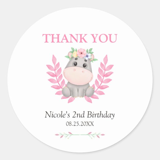 Sticker Rond Pink Leaf Cute Hippo Floral Merci d'anniversaire (Devant)