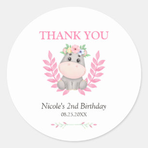 Sticker Rond Pink Leaf Cute Hippo Floral Merci d'anniversaire