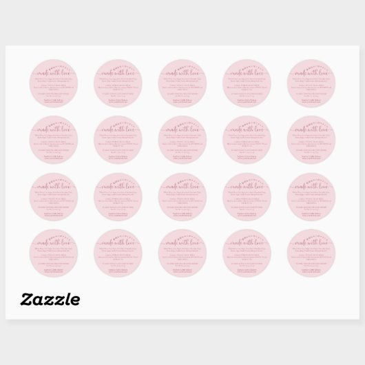 Sticker Rond Pink Made with Love Script Ingredient Bakery (Feuille)