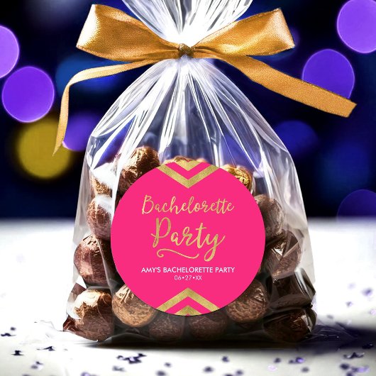 Sticker Rond Pink Modern Faux Gold Chevron Bacheloron Party