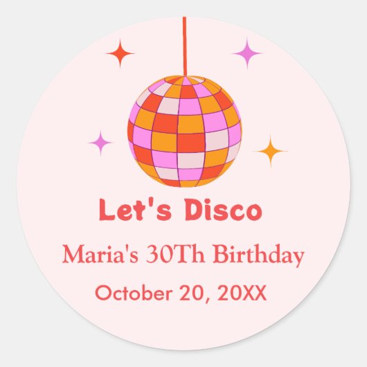 Sticker Rond Pink Orange Disco Ball Let's Disco Anniversaire (Devant)